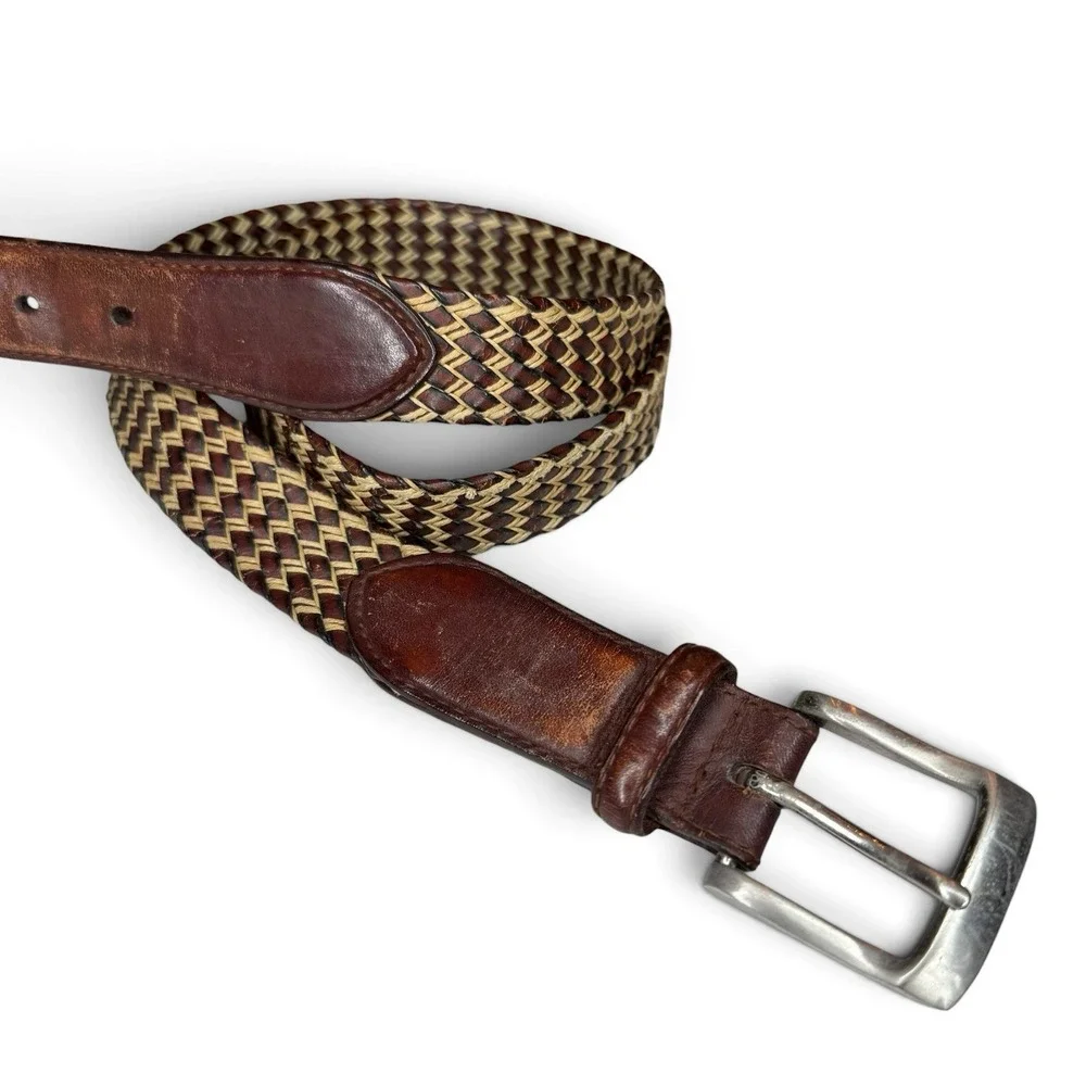 Fossil Braided Woven Brown/Cream Leather Belt Size 38/95